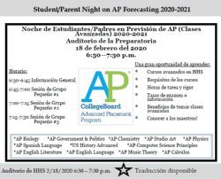 Flyer in Spanish that mentions a night for parents to learn about advanced placement classes. 